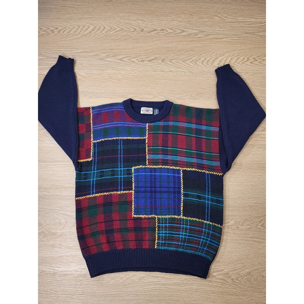 Vtg County Seat Jeanswear Sweater Mens L Chunky Yellow Hand Stitched Patchwork